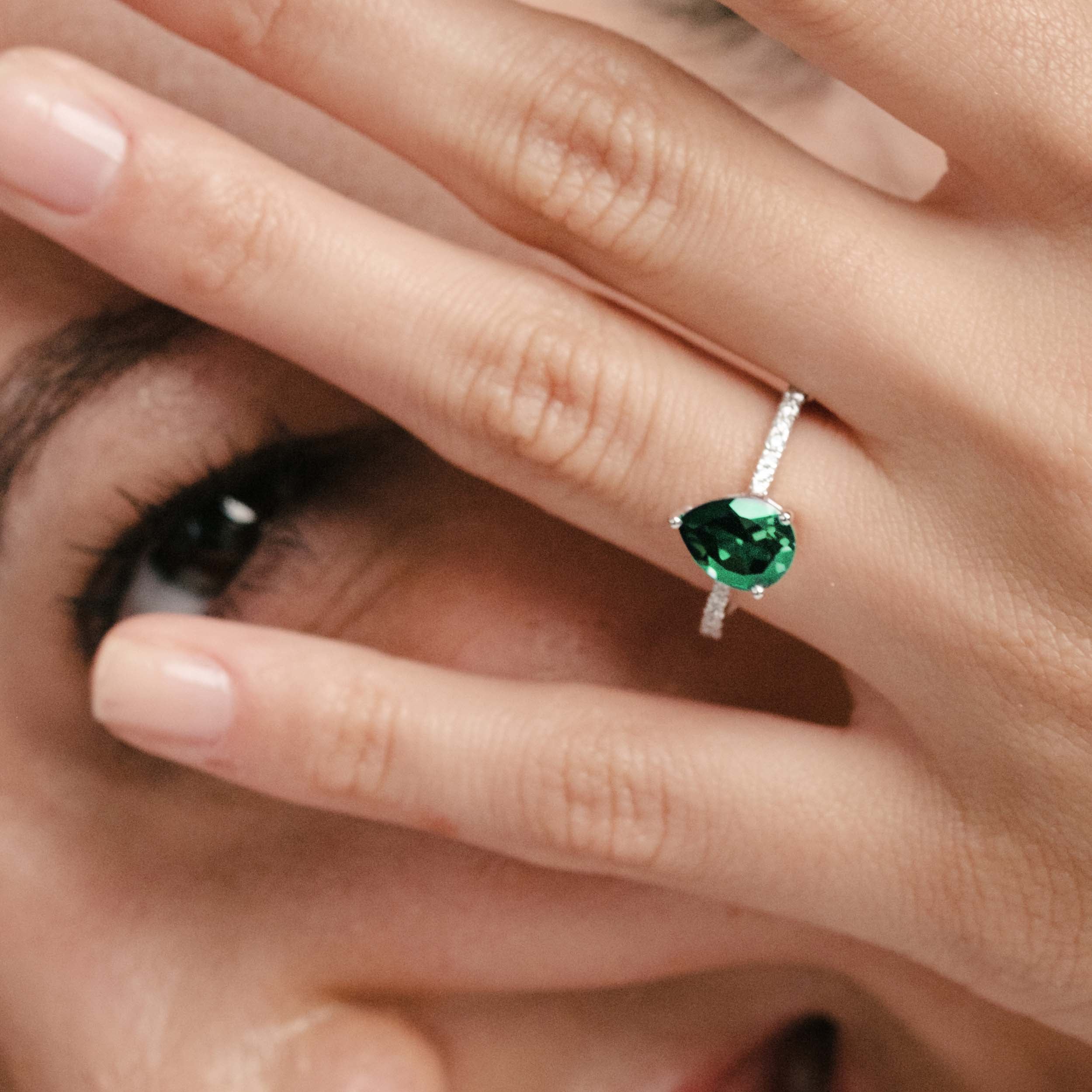 Astra 2.30ct Lab Emerald and Diamond Shoulder Set Pear Cut Ring in Silver